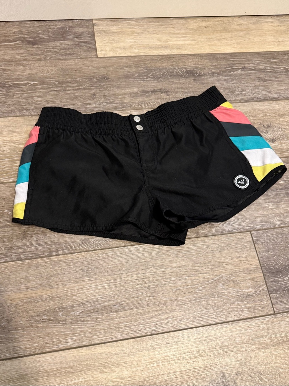 Roxy Black Board Shorts with Pink, Teal, White & Yellow Stripes- Beach and Pool